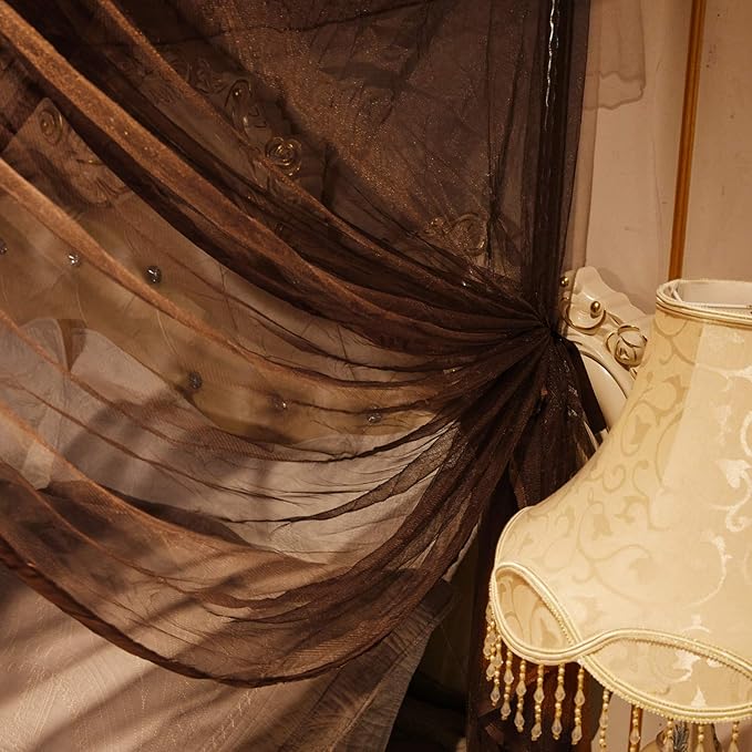 Mengersi 4 Corners Post Canopy Bed Curtains for Adults Bed Netting Bedroom Decoration (Queen, Coffee)