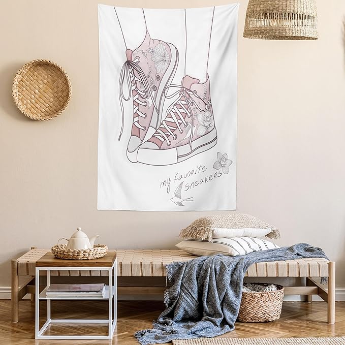Lunarable Cartoon Tapestry, Shoes with Floral Pattern Teenage Girls Sneakers Flowers Birds Retro Urban, Wall Hanging for Bedroom Living Room Dorm Decor, 60" X 80", Rose White