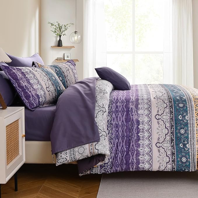 Boho King Size Comforter Set 8 Pieces, Violet Bohemian Striped Bed in a Bag, Paisley Soft Microfiber Bedding Comforter Set