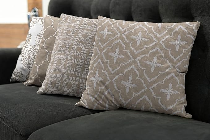 Ambesonne Vintage Throw Pillow Cushion Case Pack of 4, Monochrome Design Grid Trellis Quatrefoil Mesh and Dahlia Flowers Modern Print, Modern Accent Double-Sided Digital Printing, 20", Tan and White