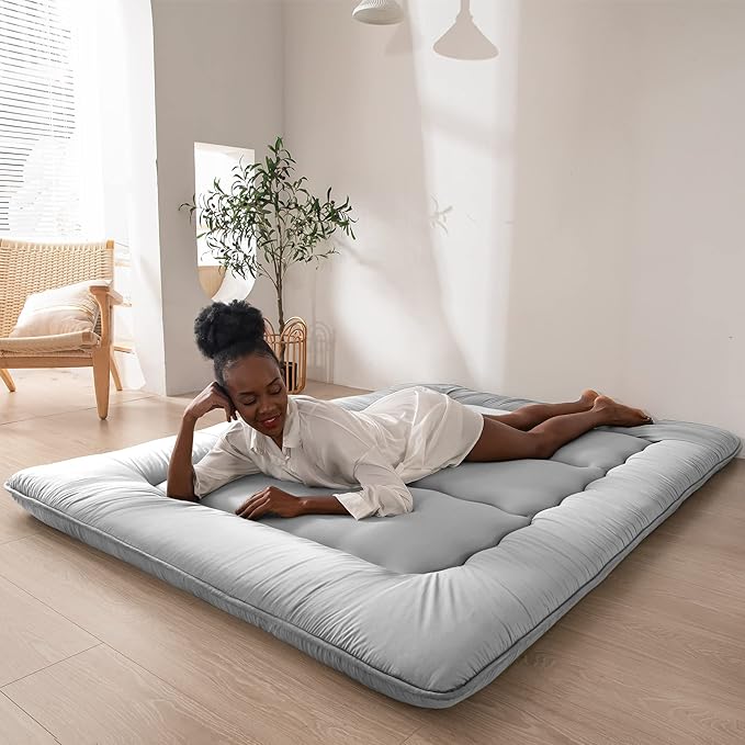 MAXYOYO Japanese Floor Mattress Futon Mattress, Thicken Daybed Sleeping Pad Foldable Roll Up Boys Girls Dormitory Kids Lounger Bed Couch and Sofa, Grey, Full