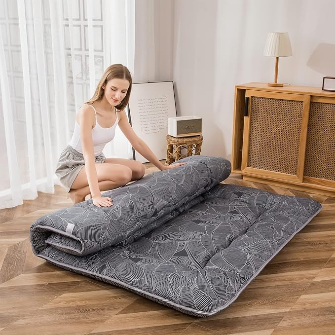 MAXYOYO Black Leaf Printed Japanese Futon Floor Mattress, Thicken Sleeping Pad Floor Bed Roll Up Camping Guest Mattress Folding Couch Bed, Full Size