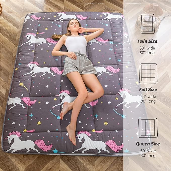 MAXYOYO Unicorn Pattern Futon Mattress, Full Size Japanese Floor Mattress Quilted Bed Mat Topper, Extra Thick Folding Sleeping Pad Breathable Guest Bed for Camping Couch