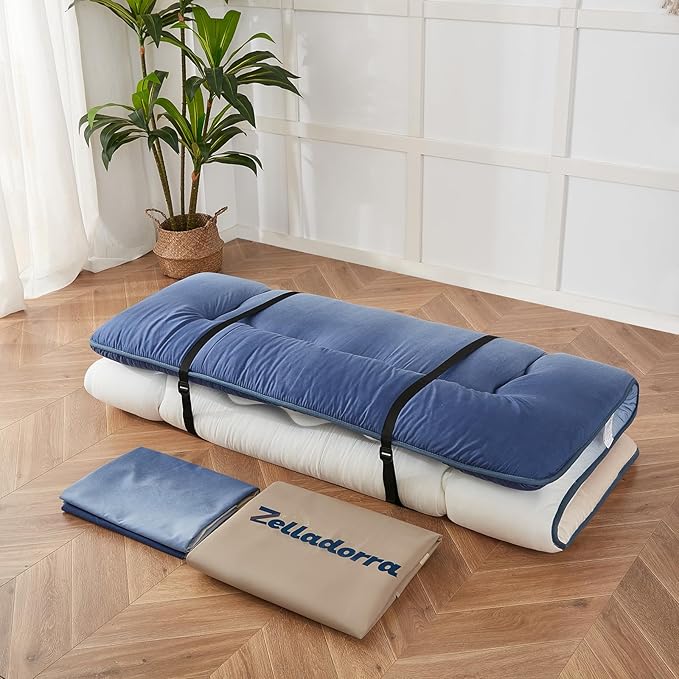 Japanese Floor Mattress, Futon Mattress with Portable Storage Bag and Washable Cover, Roll Up Thick Tatami Mat Suitable for Camping, Guest Room (Coastal Gradient, Twin)