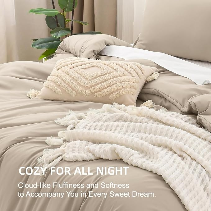 Litanika Oversized King Comforters Khaki Super King Plus Size, 3 Pieces Lightweight Solid Bedding Comforter Set, All Season Fluffy Bed Set (128x120In Comforter & 2 Pillowcases)