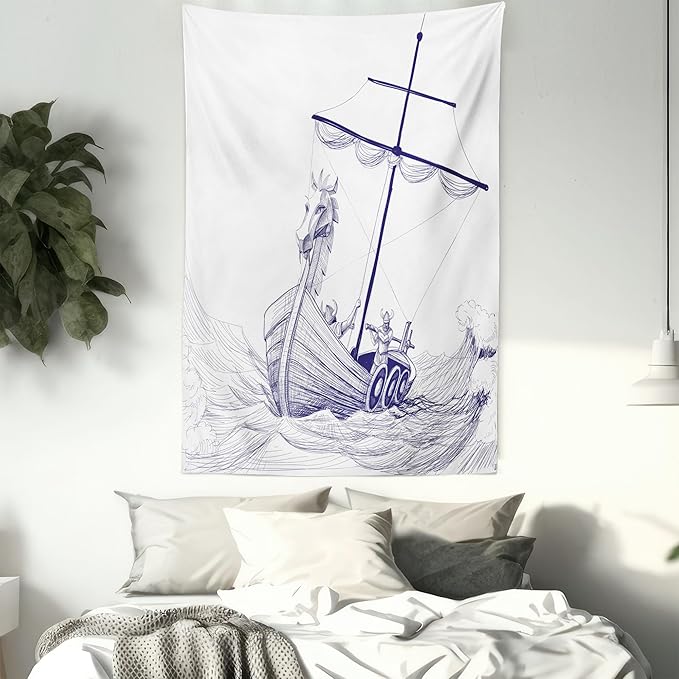 Lunarable Viking Tapestry, Drakkar Long Boat with Dragon on Bow of Ship Monochrome Marine Pattern, Fabric Wall Hanging Decor for Bedroom Living Room Dorm, 23" X 28", White Purple