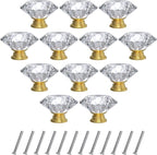 12-Pack Crystal Glass Cabinet Knobs for Home Decor, Vanity Drawers, Desks, Wardrobe Doors, Standard Screws Easy Installation for Home Refurbishment and Redecoration (Clear Crystal, 40mm, Gold Base)