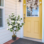 GOFLAME 3FT Artificial Camellia Tree, Faux Camellia Plant with White Flowers, Solid Wood Trunk, Realistic Moss, Greenery Potted Decoration Tree for Indoor Outdoor Home Porch Front Door