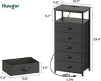 Huuger 5 Drawers Dresser with Charging Station, Dresser for Bedroom, Tall Night Stand, Chest of Drawers with Open Shelf, Bedside Table Nightstand, Fabric Storage Drawers, for Entryway, Black