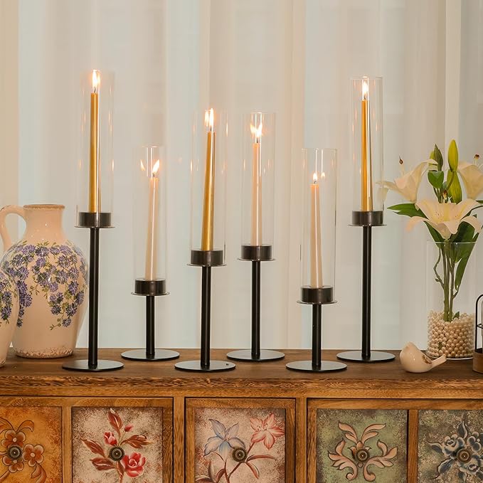 Hurricane Candle Holders Set of 3 Metal Candlestick Holder for Glass Taper Tall Candle Holders with Crystal Chimney Tube Candles Stands for Home Decor, Christmas, Dinning (3, Black)