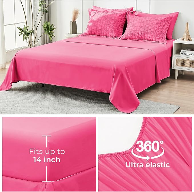 HYMOKEGE Hot Pink California King Comforter Set Seersucker 7 Pieces, All Season Luxury Bed in a Bag for Bedroom, Bedding Set with Comforter, Sheets, Pillowcases & Shams