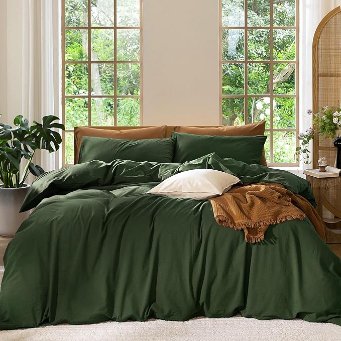 MooMee Bedding Duvet Cover Set 100% Washed Cotton Linen Like Textured Breathable Durable Soft Comfy (Solid Forest Green, Oversized King Plus 128"x120")