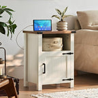 Nightstand with Charger Station and USB Port, 18 Inch Farmhouse Night Stand with Storage Shelf, Modern Couch Side Table with Magnetic Door, Bedside Tables for Bedroom, Home, Antique White