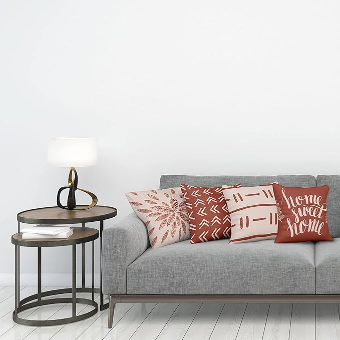 Ambesonne Modern Throw Pillow Cushion Case Pack of 4, Scandinavian Minimal Ornaments Boho Feather Leaves and Home Phrase Print, Modern Accent Double-Sided Digital Printing, 20", Pale Tan and Dark Rust