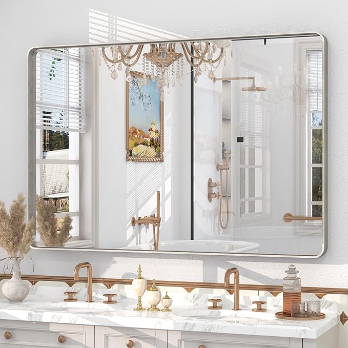 48x30 Silver Brushed Bathroom Mirror for Wall, Brushed Silver Metal Framed Bathroom Vanity Mirror, Rounded Rectangle Mirror, Shatterproof, Anti-Rust (Horizontal/Vertical)