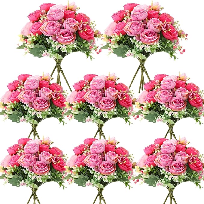 Geosar 8 Bundles Artificial Peonies Flowers Fake Silk Peony Bouquet Faux Peonies Flowers Bulk for Decoration Vase Floral Arrangements Wedding Party Table (Rose Pink,Light Pink)