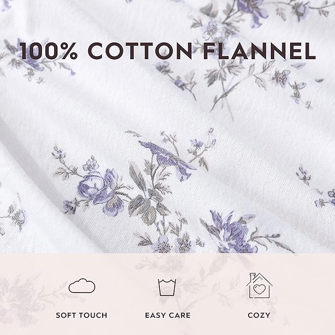 Laura Ashley - Flannel Sheets Queen Size, Anti-Pilling & Wrinkle Resistant Cotton, Touchably Soft for All-Season Comfort - Bed Sheets with Matching Pillowcases & Fitted Sheet (Jessika Lavender)