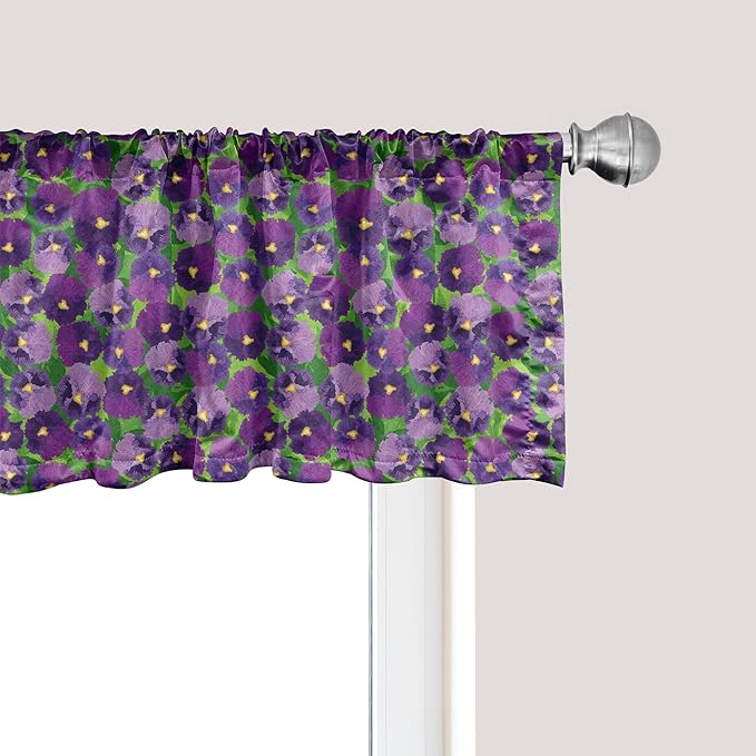 Ambesonne Botanical Window Valance Pack of 2, Green Field Full of Burgeoning Pansy Inflorescence Garden Flourish Bedding Plants, Rod Pocket Curtain Valances for Kitchen Bedroom, 42" X 18", Purple
