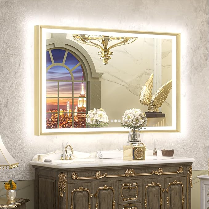 TETOTE 48x36 LED Mirror for Bathroom Gold Metal Frame Frontlit & Backlit Lighted Vanity Mirror Baroque Anti Fog Stepless Dimmable White/Warm/Natural,CRI90+,Waterproof,Wall Mounted(Horizontal/Vertical)