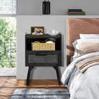 Lerliuo Rattan Nightstand, Side Table with Drawer Open Shelf, Cane Accent Bedside End Table with Solid Wood Legs, Mid Century Modern Night Stand for Bedroom, Dorm and Small Spaces (Black)