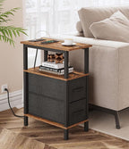 Narrow Side Table for Small Spaces, Skinny End Table with Charging Station, Sofa Beside Table with 2 Drawers 1 Open Compartment, Slim Nightstand with USB Ports Outlet, Rustic and Brown UTBT004F
