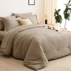 CozyLux King Size Comforter Set Taupe Seersucker 7 Pieces Bed in a Bag King Comforter Set with Sheets, Luxury Soft Bedding Set with Down Alternative Comforter, Sheets, Pillowcases & Shams All Seasons