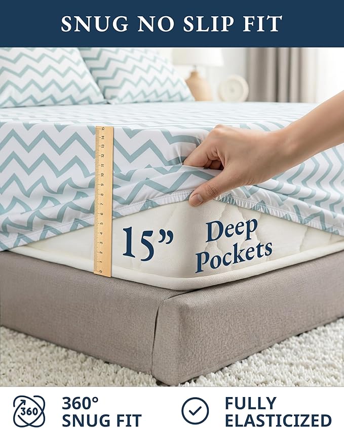 LANE LINEN 100% Organic Cotton Full Size Sheet & Pillowcase Sets, Fully Elasticized Soft & Comfy Printed Percale Bedding, Temperature Regulating Printed Cotton Sheets Full - Chevron