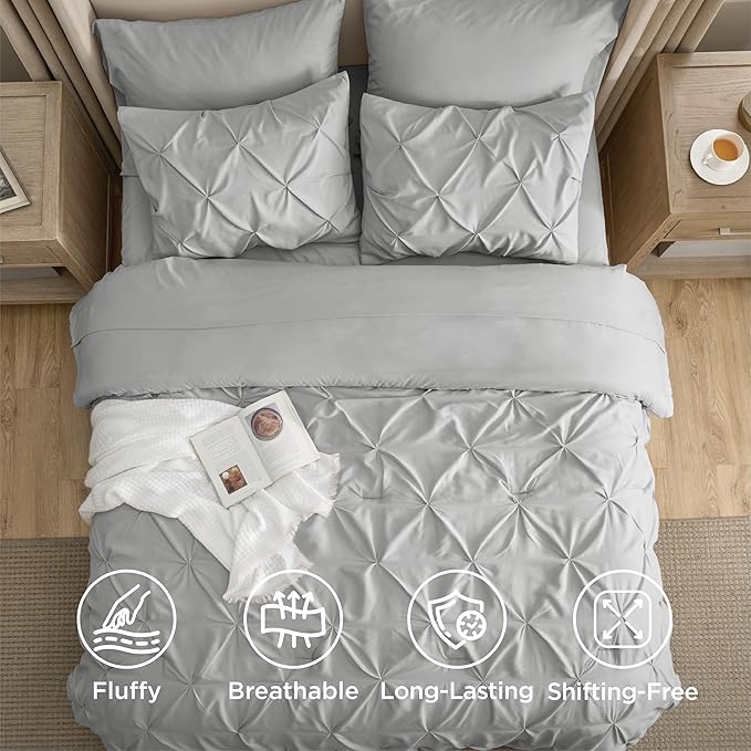 Bedsure Full Size Comforter Sets - Bedding Sets Full 7 Pieces, Pintuck Bed in a Bag Light Grey Bed Set with Comforter, Sheets, Pillowcases & Shams