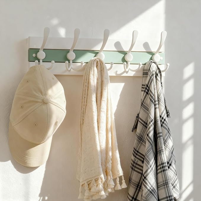 SKOLOO Coastal Wall Mounted Coat Rack - 17" Beach House Entryway Wooden Coat Hook with 5 Hooks for Hanging Coats, Hats or Towels, Oceanfront Cottage Core Collection, White & Green, Pack of 2