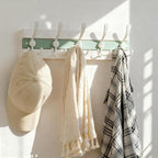 SKOLOO Coastal Wall Mounted Coat Rack - 17" Beach House Entryway Wooden Coat Hook with 5 Hooks for Hanging Coats, Hats or Towels, Oceanfront Cottage Core Collection, White & Green, Pack of 2