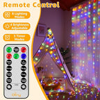 Ollny Curtain Lights 600LED 19.7ft x 9.8ft, IP67 Waterproof Outdoor Curtain Rice Lights with Remote, Plug-in Untangle Fairy Light with 8 Modes 3 Timers for Wall Waterfall Backdrop Decor(Multicolored)