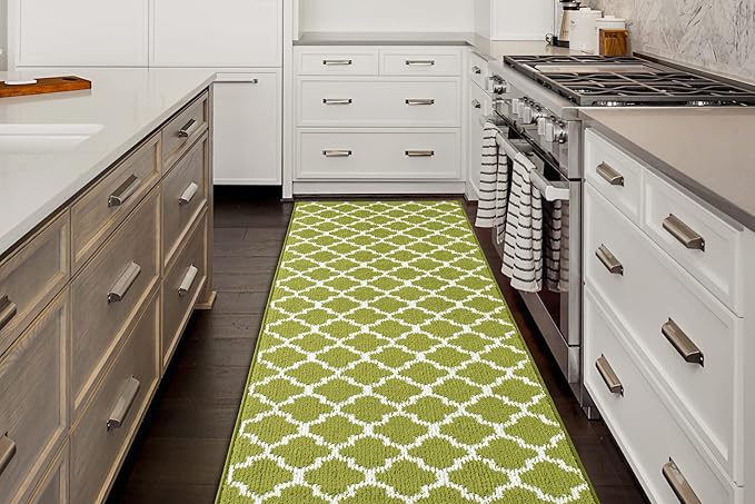 Custom Size Moroccan Trellis Runner Rug Mat for Wide Hallway Entryway Kitchen Laundry Room with Slip Resistant Latex Rubber Backing, Trellis Green, 31 inch X 10 feet
