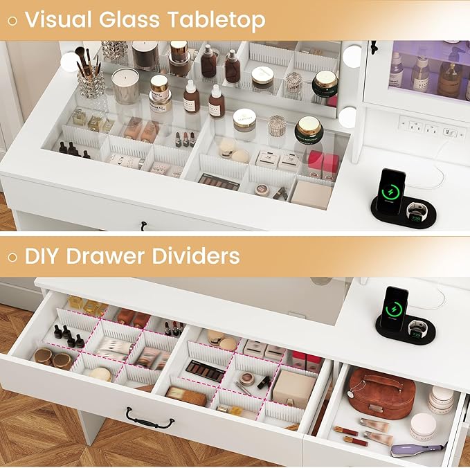 Quimoo Vanity Desk, Makeup Vanity with Lights, Large Mirror Vanity with 3 Drawers and 2 Cabinets, Vanity Table Set with Power Outlet and Glass Tabletop, for Bedroom, White