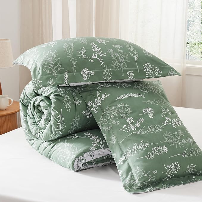 Bedsure Queen Comforter Set - Green Bed Set, 3 Pieces Cute Floral Bedding, 1 Soft Reversible Botanical Flowers Comforter and 2 Pillow Shams
