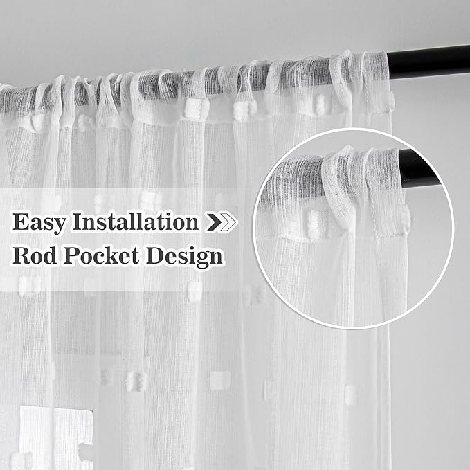 MYSKY HOME White Curtains for Bedroom 63 Inch Length Long Sheer Curtains for Kids Room Nursery Curtains with White Patched Design Rod Pocket Privacy Window Drapes Dining Room 52" x 63" 2 Panels