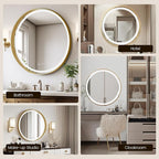 Gold Round Mirror 32 Inch, Metal Framed Frontlit Bathroom Mirror, Circle Mirrors for Wall, Led Light Mirror with Anti-Fog, Memory Function, 3 Color Temperature, Makeup Mirrors Dimmable