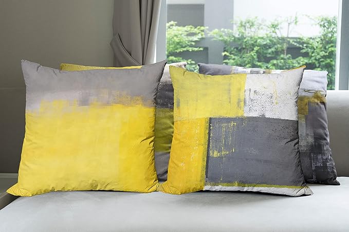 Ambesonne Modern Throw Pillow Cushion Case Pack of 4, Abstract Grunge Themed Geometric Squares with Paintbrush Stroke Effect Ornament, Modern Accent Double-Sided Digital Printing, 24", Yellow Grey