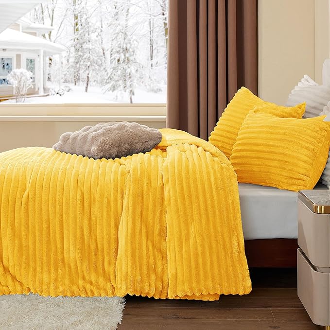 BEDELITE Fleece Queen Comforter Set -Super Soft & Warm Fluffy Bright Yellow Bedding, Luxury Fuzzy Heavy Bed Set for Winter with 2 Pillow Cases