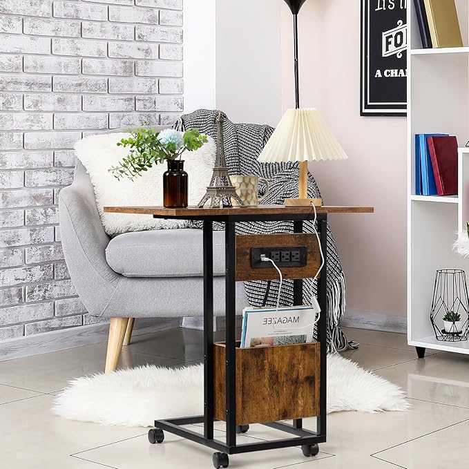 Hadulcet C Tables End Table Set of 2, C Shaped Side Table with Charging Station, Folding Table TV Trays for Eating, Couch Tables That Slide Under, Small End Table Snack Tables, Rustic Brown