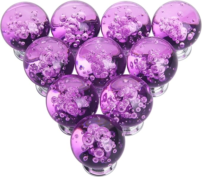 10 PCS Crystal Cabinet Knobs Round Glass Bubbles Dresser Knobs Smooth Drawer Knobs Handle for Home, Cabinet, Drawer and Dresser Hardware with 3 Different Size Screws, 30MM (Purple)