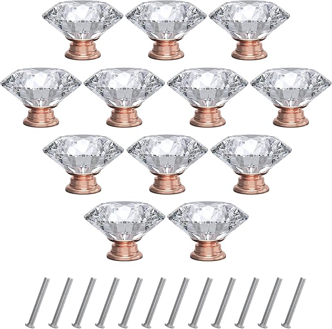 12-Pack Crystal Glass Cabinet Knobs for Home Decor, Vanity Drawers, Desks, Wardrobe Doors, Standard Screws Easy Installation for Home Refurbishment and Redecoration (Clear Crystal, 40mm, Pink Base)