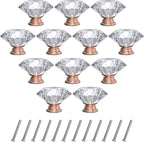 12-Pack Crystal Glass Cabinet Knobs for Home Decor, Vanity Drawers, Desks, Wardrobe Doors, Standard Screws Easy Installation for Home Refurbishment and Redecoration (Clear Crystal, 40mm, Pink Base)