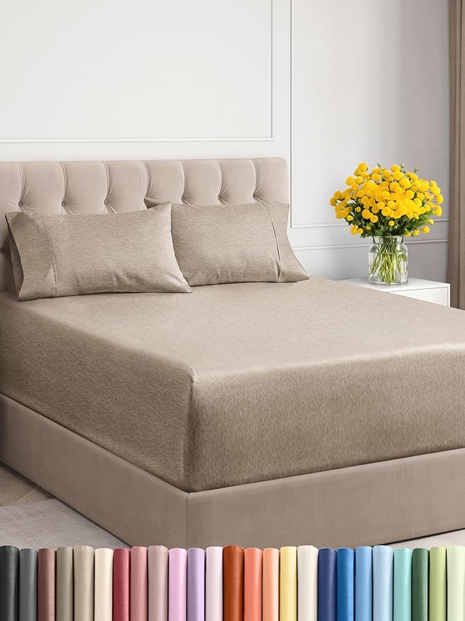 Extra Deep Twin XL Sheet Set - 4 Piece Breathable & Cooling Sheets - Hotel Luxury Bed Sheets Set - Easy Fit - Soft, Wrinkle Free & Comfy Sheets Set - Heathered Beige Sheet Set w/Extra Deep Pockets