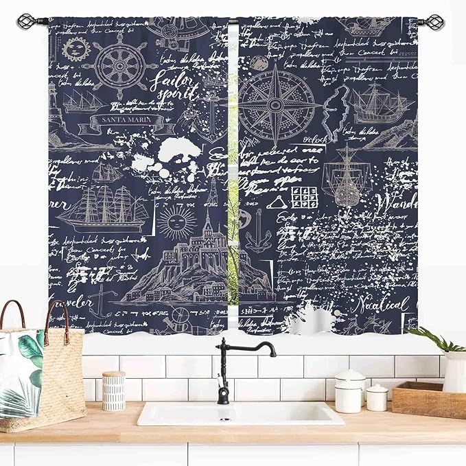Vintage Nautical Curtains, Marine Coastal Sailboat Compass Anchor Ocean Beach Old Pirate Map Navy Blue Blackout Retro Drapes for Bedroom Living Room Kitchen Bathroom Window 2 Panels, 55x39 Inch