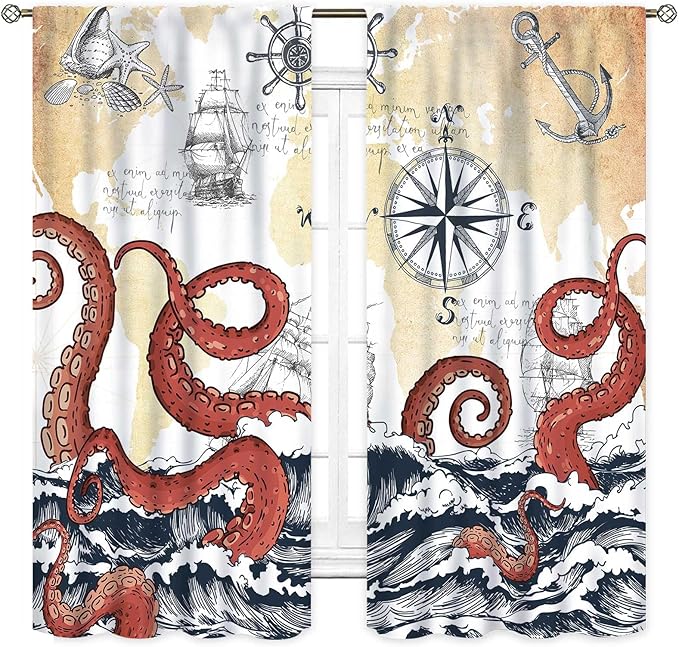 Nautical Octopus Curtains, Coastal Old Pirate Map Sailboat Compass Ocean Wave Kraken Octopus Tentacles Vintage Window Drapery Treatment for Bedroom Living Room Kitchen Bathroom 2 Panels, 52"x84" Inch