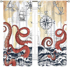 Nautical Octopus Curtains, Coastal Old Pirate Map Sailboat Compass Ocean Wave Kraken Octopus Tentacles Vintage Window Drapery Treatment for Bedroom Living Room Kitchen Bathroom 2 Panels, 55"x63" Inch