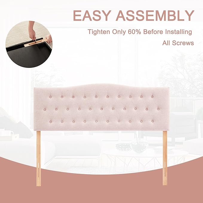 Tufted Upholstered Headboard Queen Size, Sturdy and Durable Solid Wood Bed headboard, Fabric Headboard Adjustable Height from 37” to 51”, Modern Button Diamond Design Head Board, Pink