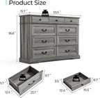 LINSY HOME Farmhouse 9-Drawer Dresser - Grey Chest of Drawers for Bedroom and Living Room Organization, Wood Dresser with Ample Storage Space and Rustic Charm, Grey