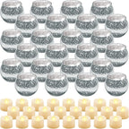 Rtteri 24 Set Votive Candle Holders Wedding Centerpiece Table Decorations Speckled Mercury Glass Votive Candle Holders with Tea Lights Birthday Party Decorations for Home (Silver)