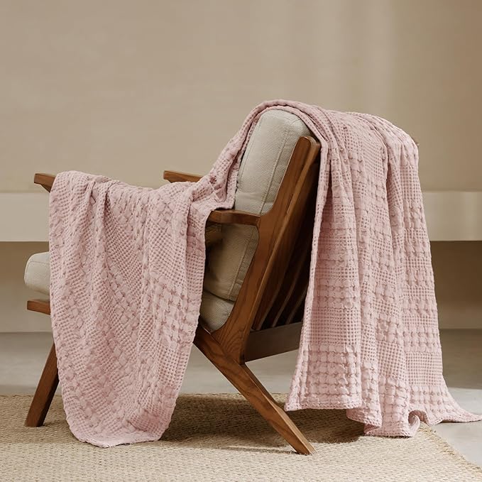 PHF 100% Cotton Waffle Weave Throw Blanket, Soft Lightweight Breathable Cozy Throws for Couch Bed Sofa, Luxury Aesthetic Woven Blanket for Home Decor & Office, 50"x60", Pink/Mauve